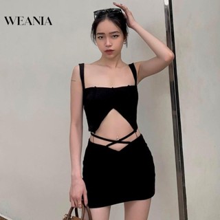 Weania Y2K ชุดมินิเดรสกระโปรง บอดี้คอน คอสี่เหลี่ยม มีสายคล้อง สําหรับสตรี