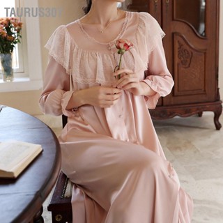 Taurus307 แขนยาวปุ่มขึ้น Nightgown ผู้หญิงย้อนยุคหรูหราลูกไม้ Nightdress Loungewear สำหรับบ้าน