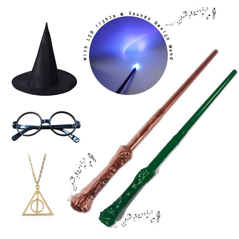 Harri Potter หัวคอสเพลย์อุปกรณ์เสริมสําหรับเด็กผู้ใหญ่ปาร์ตี้เครื่องแต่งกาย LED Light Sound Wand Glassed หมวกฮาโลวีน COS