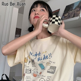 RUO BEI XAUN เสื้อยืดสตรี 2023 ใหม่สไตล์เกาหลีหลวมผ้าฝ้ายแขนสั้นด้านบน