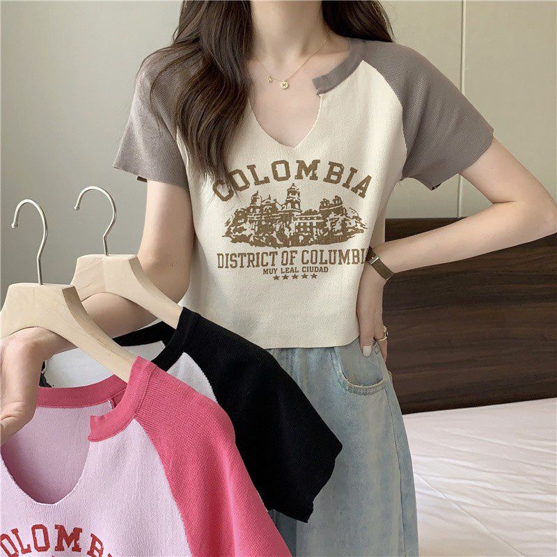 Olivia เสื้อครอป คอกลมแขนสั้น น่ารัก สกรีนลายวินเทจ คอวีเว้า ผ้านิ่มยืด #A35