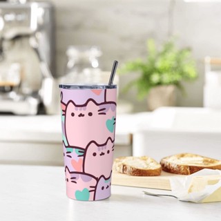 Pusheen แก้วน้ําสเตนเลส มีฉนวนกันความร้อน พร้อมฝาปิด และหลอดดูด ใช้ซ้ําได้ ของขวัญวาเลนไทน์ สําหรับแมว