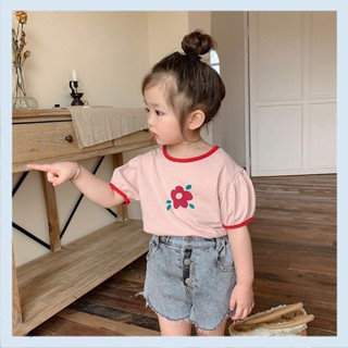 100% cotton small and medium girls western style floral short sleeve T-shirt summer contrast color round neck loose half sleeve childrens top