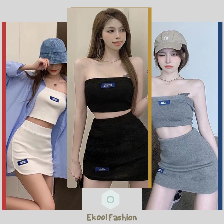 New ชุดเข้าเซ็ท 2 ชิ้น เสื้อเกาะอกเอวลอยพร้อมกระโปรงสั้น
