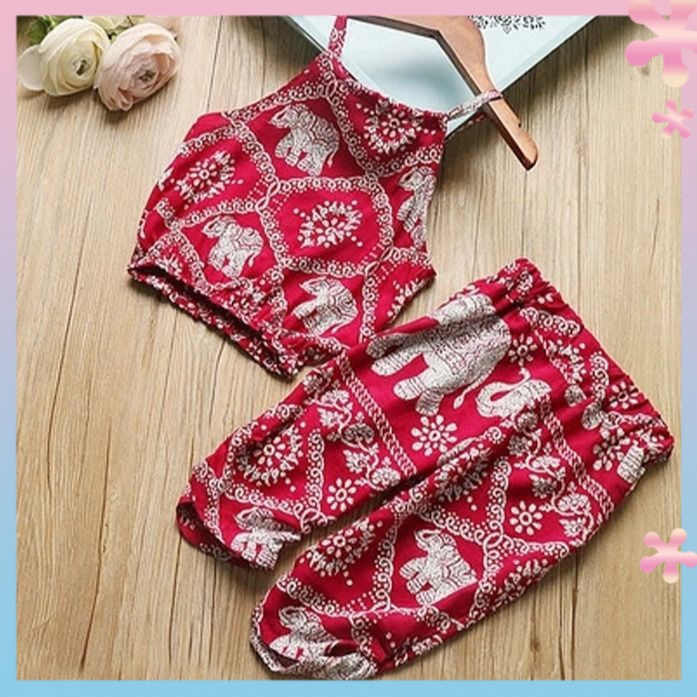Girls' vest two-piece suit summer new sleeveless printed Suspender top girls' comfortable casual pants suit
