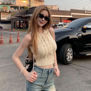 Suxi เสื้อครอปท็อป แขนกุด ผ้าถัก เข้ารูป สไตล์วินเทจ