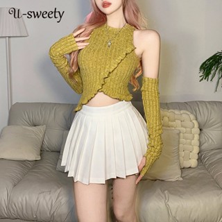 U-sweety ใหม่ เสื้อยืดคอกลม แขนยาว ผ้าถัก สีพื้น เรียบง่าย แฟชั่นสําหรับผู้หญิง 2023