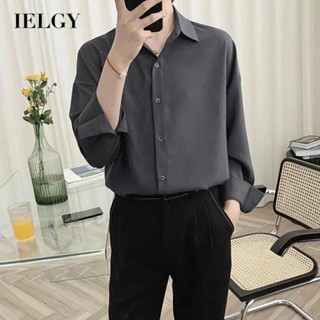 IELGY เสื้อเชิ้ตแขนยาว ผ้าเดรป สีดํา สไตล์เกาหลี สําหรับผู้ชาย