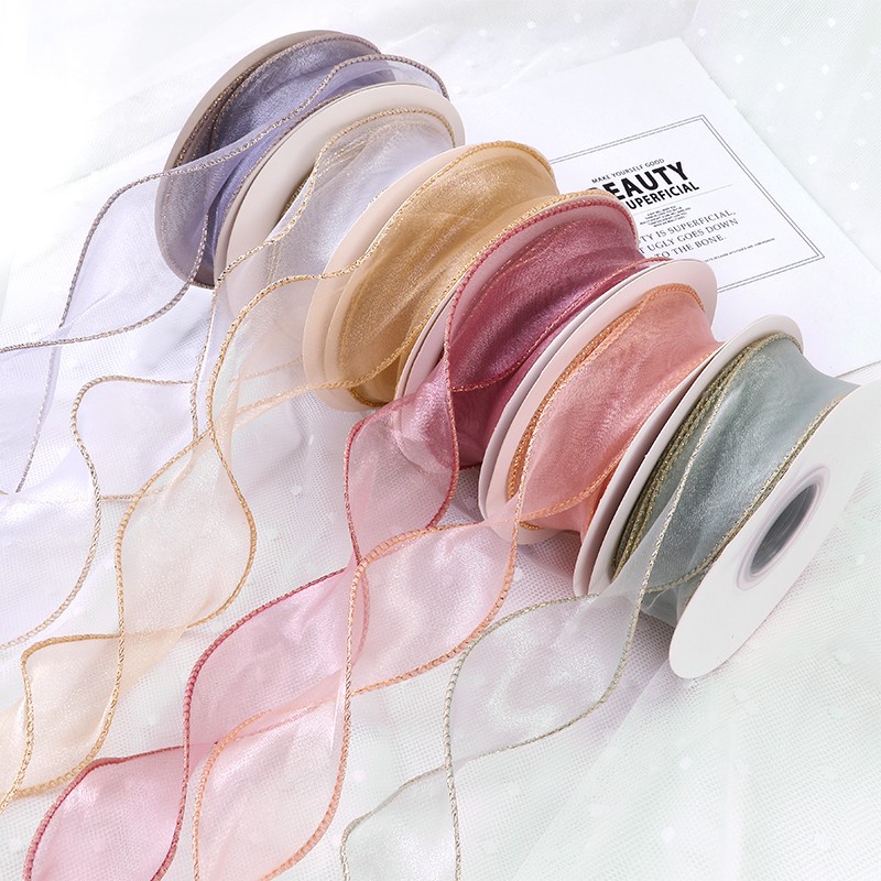 เทปริบบิ้นช่อดอกไม้ กว้าง 4 ซม. ยาว 10 หลา (9 เมตร) ขอบสีทอง สําหรับตกแต่งเค้ก เบเกอรี่