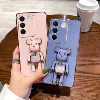 เคสโทรศัพท์มือถือ ซิลิโคนนิ่ม พร้อมตัวยึดพับได้ หรูหรา สําหรับ Vivo V27 5G V27E V27 Pro 2023