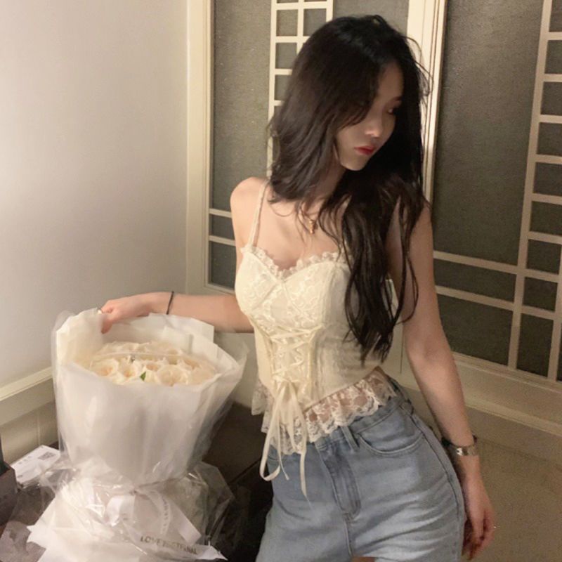 เสื้อสายเดี่ยว ผ้าลูกไม้ สุดเซ็กซี่ สไตล์ฝรั่งเศส แฟชั่นสําหรับผู้หญิง