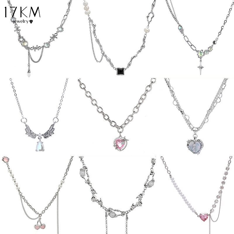 17KM สร้อยคอจี้รูปหัวใจแฟชั่น คริสตัลสีชมพูสาวหวานเย็นไหปลาร้าโซ่หินจันทร์สร้อยคอความงาม Y2K เครื่อง