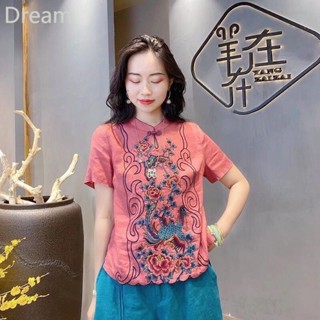 Womens cotton and linen short-sleeved retro stand collar buckle artistic embroidery short-sleeved shirt