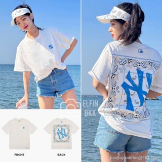 M&amp;H  รุ่นใหม่  แท้   MLB Checker Board/Paisley/Basic Oversize Tee/T-shirt NY LA เสื้อยืดคอกลม สีขาว สีดำ สีเบจ สีครีม