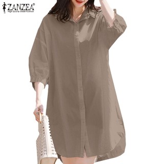 ZANZEA Women Korean Loose Solid Short Sleeve Collared Button Down Shirt Mini Dress