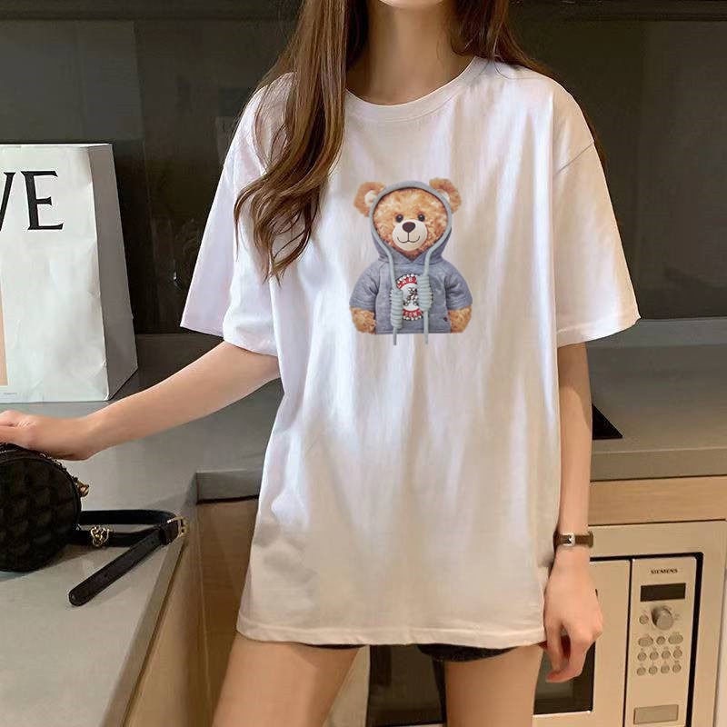 ♟﹉✁Women's Plus Size T-shirt Casual Cute Bear Pattern Cartoon Teddy Printed Half Sleeves Top Fashion Big Tee Short _02