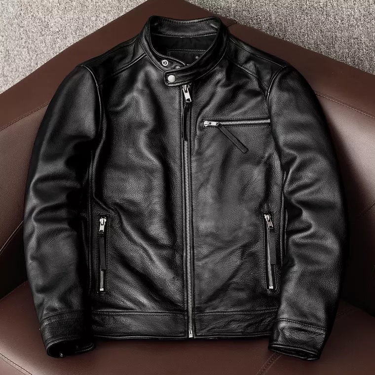 ราคากะหล่ําปลี Leak-Picking Leather Jacket First Layer Cowhide เสื้อแจ็คเก็ตหนังแท้ผู้ชายสบายๆรถจักรยานยนต์ Stand-Up Collar Sli