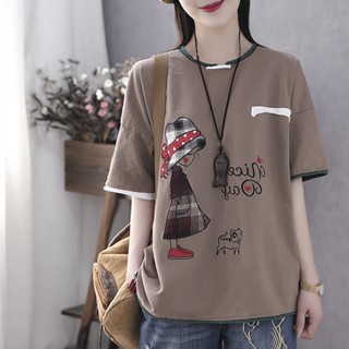 พร้อมส่ง เสื้อยืดแขนสั้นลําลอง ผ้าฝ้าย 100% ทรงหลวม พิมพ์ลาย สไตล์เกาหลี เรโทร แฟชั่นฤดูร้อน สําหรับผู้หญิง P1YS 2023