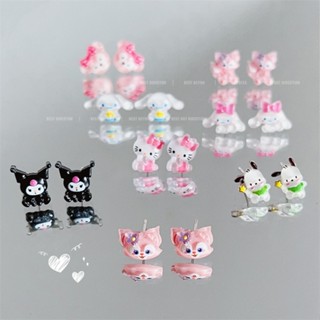 Cartoon Sweet Sanliou Silver Ear Nail Jade Osmanthus Students KT Cat Earrings Melody Kuromi Cartoon Earrings Female