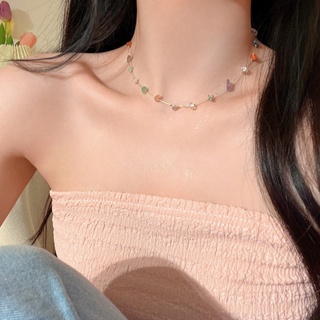 Colored Original Stone Necklace Womens Summer 2023 New Net Red Collar Chain Simple and Fashionable Temperament Versatile Neck Chain