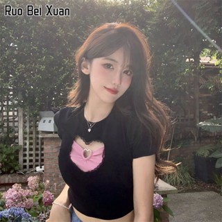 RUO BEI XAUN เสื้อยืดสตรี 2023 ใหม่หน้าอกรักพิมพ์แขนสั้นด้านบน