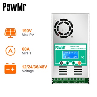 Powmr MPPT 60A แผงควบคุมการเก็บประจุพลังงานแสงอาทิตย์ 12V 24V 36V 48V Auto Max PV 190VDC สําหรับแบตเตอรี่ลิเธียมตะกั่ว