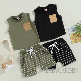 Babygarden-0-3years ชุดเสื้อผ้าเด็กผู้ชาย เสื้อกล้ามแขนกุด มีกระเป๋า + กางเกงขาสั้น ลายทาง