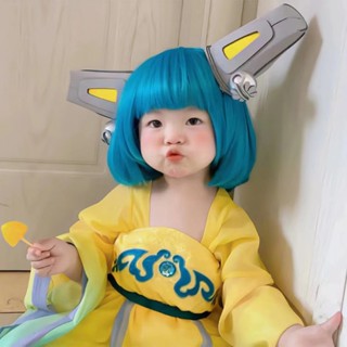 วิกผมบ๊อบสั้น สีฟ้าทะเลสาบ พร้อมหน้าม้า สําหรับเด็ก คอสเพลย์ปาร์ตี้