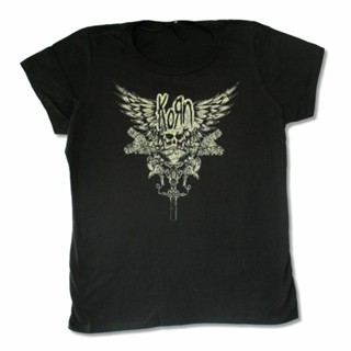 เสื้อยืดผู้ Lyzh เสื้อยืดลําลอง แขนสั้น พิมพ์ลายหัวกะโหลก Korn Skull Wings Juniors สีดํา สําหรับสตรี S-5XL