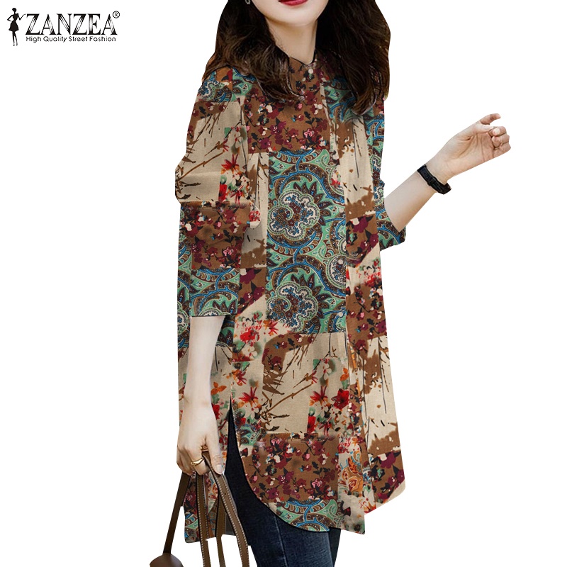 Zanzea ผู้หญิง แฟชั่น แขนยาว คอกลม พิมพ์ลายดอกไม้ กระดุมข้อมือ ผ่าข้าง ​เสื้อเชิ้ตลําลอง
