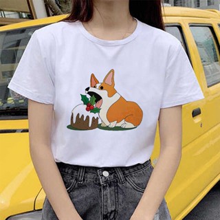 Corgi Eat Cake Funny Tee Shirt Female Streetwear 90s Gothic T Shirt Women O-neck Tops White T-shirt_04