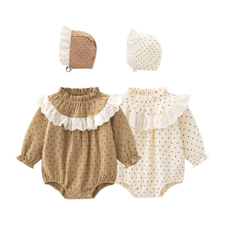 Ruffles เจ้าหญิงเด็กทารก Clohtes ฤดูใบไม้ผลิฤดูร้อน Polka Dot ชุดบอดี้สูทแขนยาวเด็กทารกหญิง Jumpsuit พร้อมหมวก