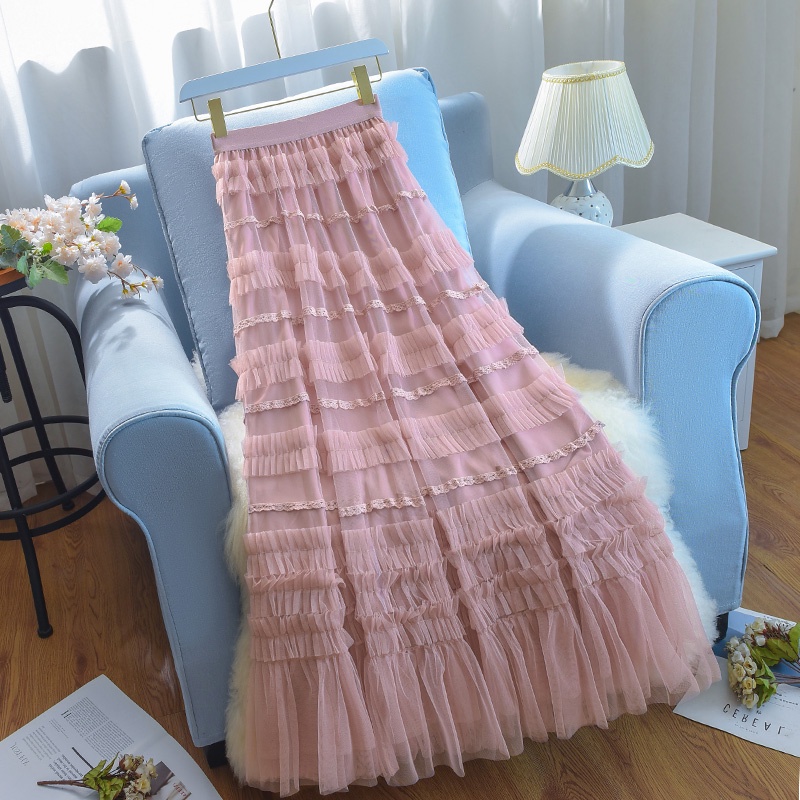 ฤดูใบไม้ผลิฤดูร้อนตาข่ายกระโปรงผู้หญิง Maxi กระโปรงเอวสูงสีธรรมดา Ruffles Patchwork เค้กกระโปรงสาย Tutu กระโปรง Princesses Tulle กระโปรงยาว