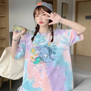 🦖เสื้อยืดคอกลมเเขนสั้น 🦖เสื้อมัดย้อม Oversize ลายการ์ตูนไดโนเสาร์ เนื้อผ้านิ่มเด้งใส่สบาย🦖  #C006