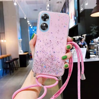 เคสโทรศัพท์มือถือ ซิลิโคนนิ่ม TPU ใส ลายกลิตเตอร์ท้องฟ้ากลางคืน สีม่วง สีชมพู พร้อมสายคล้องคอ สําหรับ OPPO A58 A78 A98 4G Reno10 Pro+ Reno 10 Pro 8 8T 8Z 5G