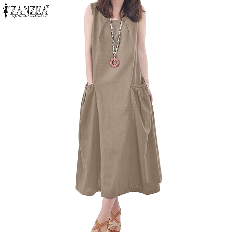 Zanzea ชุดเดรสแขนกุดลําลอง ทรงเอ สีพื้น หรูหรา สําหรับผู้หญิง