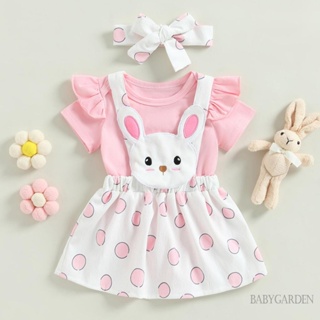 Babygarden- ชุดรอมเปอร์ แขนสั้น คอกลม และกระโปรง ลายกระต่าย และที่คาดผม สําหรับเด็กผู้หญิง