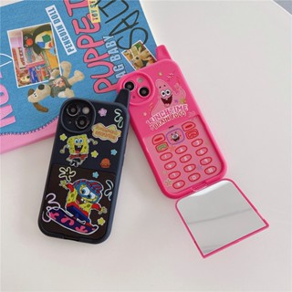 เคสโทรศัพท์มือถือ แบบฝาพับกระจก กันกระแทก ลาย SpongeBob สําหรับ iPhone 14 13 12 11 Pro Max