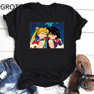 เสื้อยืดผ้าฝ้าย เสื้อยืดลําลองแฟชั่นสําหรับสตรีแขนสั้นคอกลมพิมพ์ลาย Sailor Moon