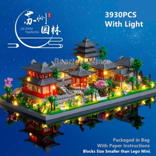 Suzhou บล็อคตัวต่อ รูปสถาปัตยกรรมสวน พร้อมไฟ LED ของเล่นสําหรับเด็ก