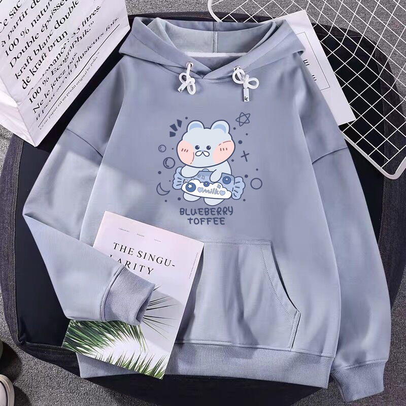 เสื้อกันหนาวแขนยาว มีฮู้ด ทรงหลวม ลายหมีน่ารัก แบบเรียบง่าย สําหรับผู้หญิง