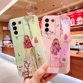 เคสโทรศัพท์มือถือแบบนิ่ม กันกระแทก พร้อมสายคล้องข้อมือ แต่งแสงสีฟ้า สําหรับ Vivo V27 V27E V27 Pro