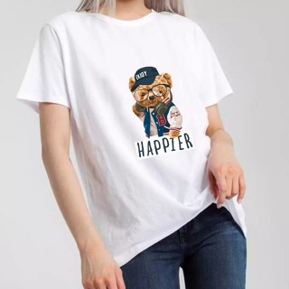   STOK SEDIA TD0029 SLOGAN TEDDY BEAR HAPPIER TSHIRT SUMMER LOOSE LARGE SIZE UNISEX COTTON T BAJU LAWA BESAR HITAM _02