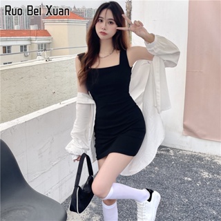 RUO BEI XUAN ชุดเดรสสตรีแฟชั่นสไตล์เกาหลีใหม่เซ็กซี่สลิมชุดเดรสสีดำเล็กน้อย