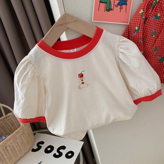 เสื้อยืดแขนสั้น ผ้าฝ้าย ปักลายจุด สไตล์เกาหลี สําหรับเด็กผู้หญิง