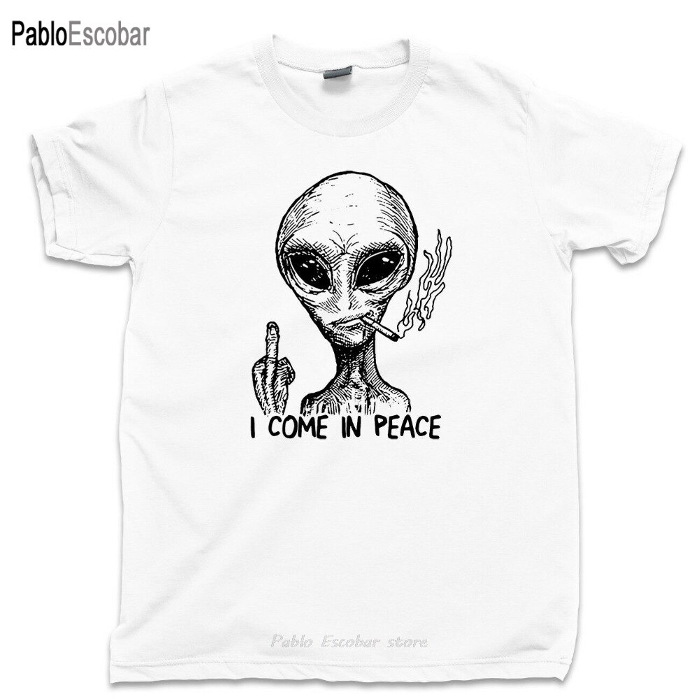 ใหม่ เสื้อยืดลําลอง แขนสั้น พิมพ์ลาย Alien I Come In Peace Ufo Area 51 Roswell Spaceship คุณภาพสูง สําหรับผู้ชาย_03