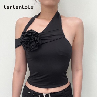 Lanlanlolo เสื้อกล้ามสั้น เปิดหลังเซ็กซี่ ลายดอกไม้ สีพื้น แฟชั่นสําหรับสตรี 2023