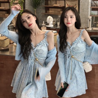 พร้อมส่ง 🦢🤍 Simba dress &amp; cardigan เดรสสายเดี่ยวลายดอก เสื้อคลุมไหมพรม (แยกชิ้น)(37661)