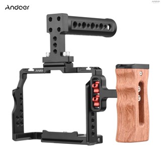 Andoer Camera Video Cage + Top Handle + Side Wooden Grip Kit Aluminum Alloy with Dual Cold Shoe Mounts Numerous 1/4 Inch Threads Replacement for  A7IV/ A7III/ A7II/ A7R III/ A7