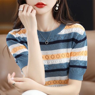 Knit Stripe T-shirt for Women Short Sleeve New Hollow Out Top Round Neck Korean T Shirt Summer Fashion Ladies Tee